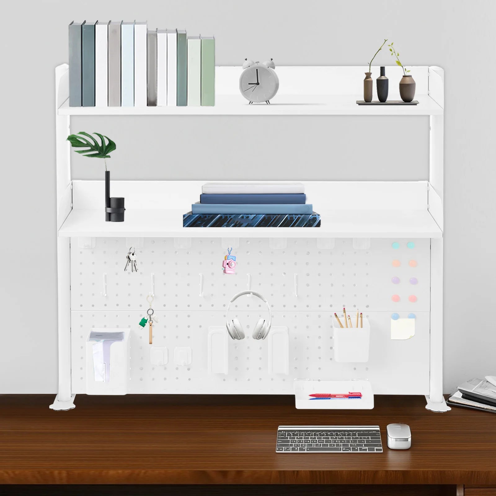 Countertop Clip-on Bookshelf 2 Tier Multipurpose Steel Frame Organizer with Pegboard Storage Space Saving