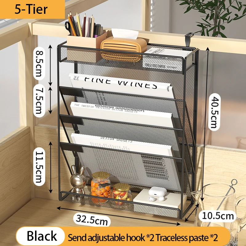 Desk File Organizer Mesh 5-Tier Hanging Wall Mount Document Organization Stand Desktop Vertical Mail Paper Folder