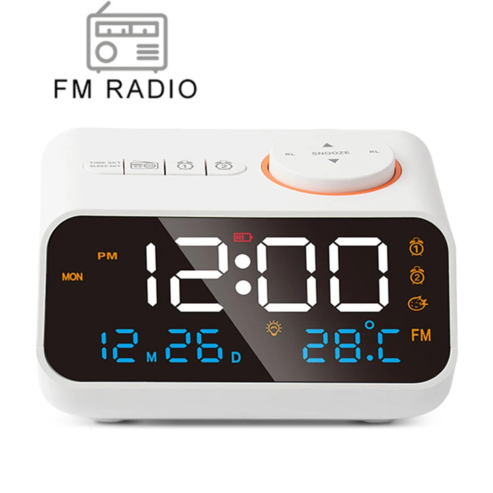 Mordern FM Radio LED Alarm Clock for Bedside Wake Up. Digital Table Calendar with Temperature Thermometer Humidity