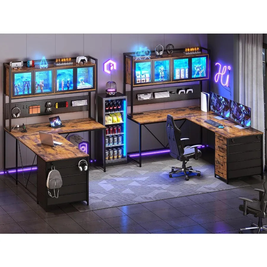 L Shaped Gaming Desk with Drawers and Storage Shelves for Home Office Corner Computer Desk with Hutch Pegboard Panel