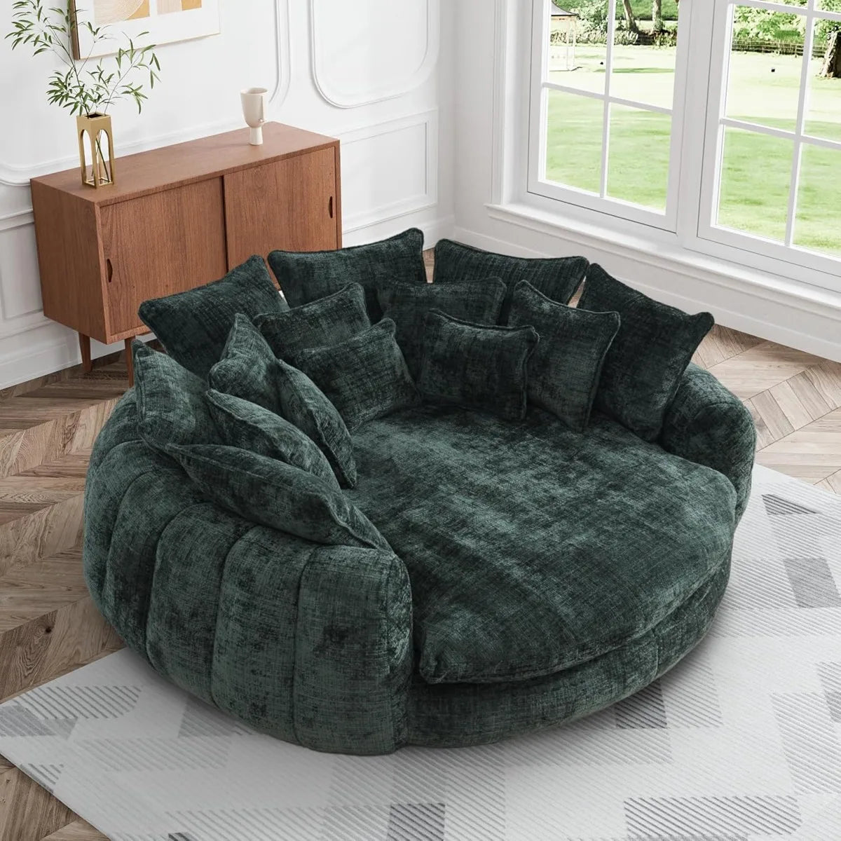 81’’ Round Chaise Lounge Fluffy Bean Bag Sofa with 14 Pillows Emerald Chenille - United States