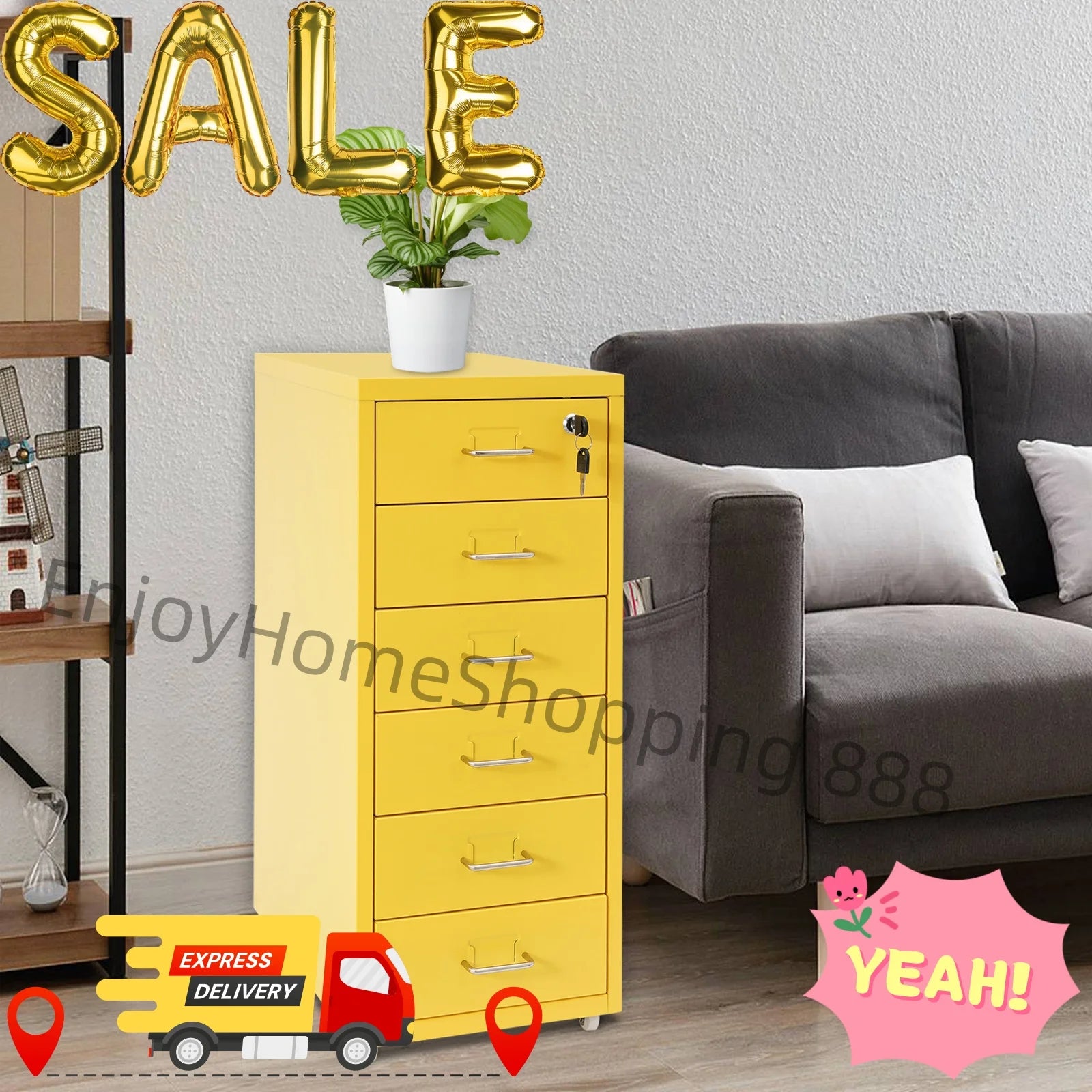 6-Layer Yellow Metal File Cabinet with Wheels - Mobile Storage for Offices Schools & Homes Ideal for Organizing