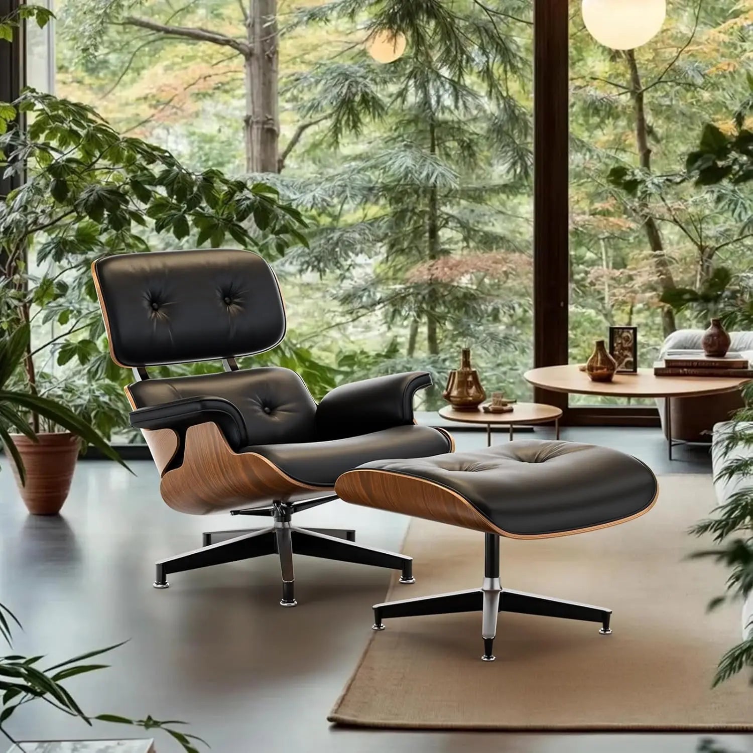 Top Black PU Leather Mid Century Chaise Lounge Chair and Ottoman Modern Chair Classic Design Walnut Wood - United States