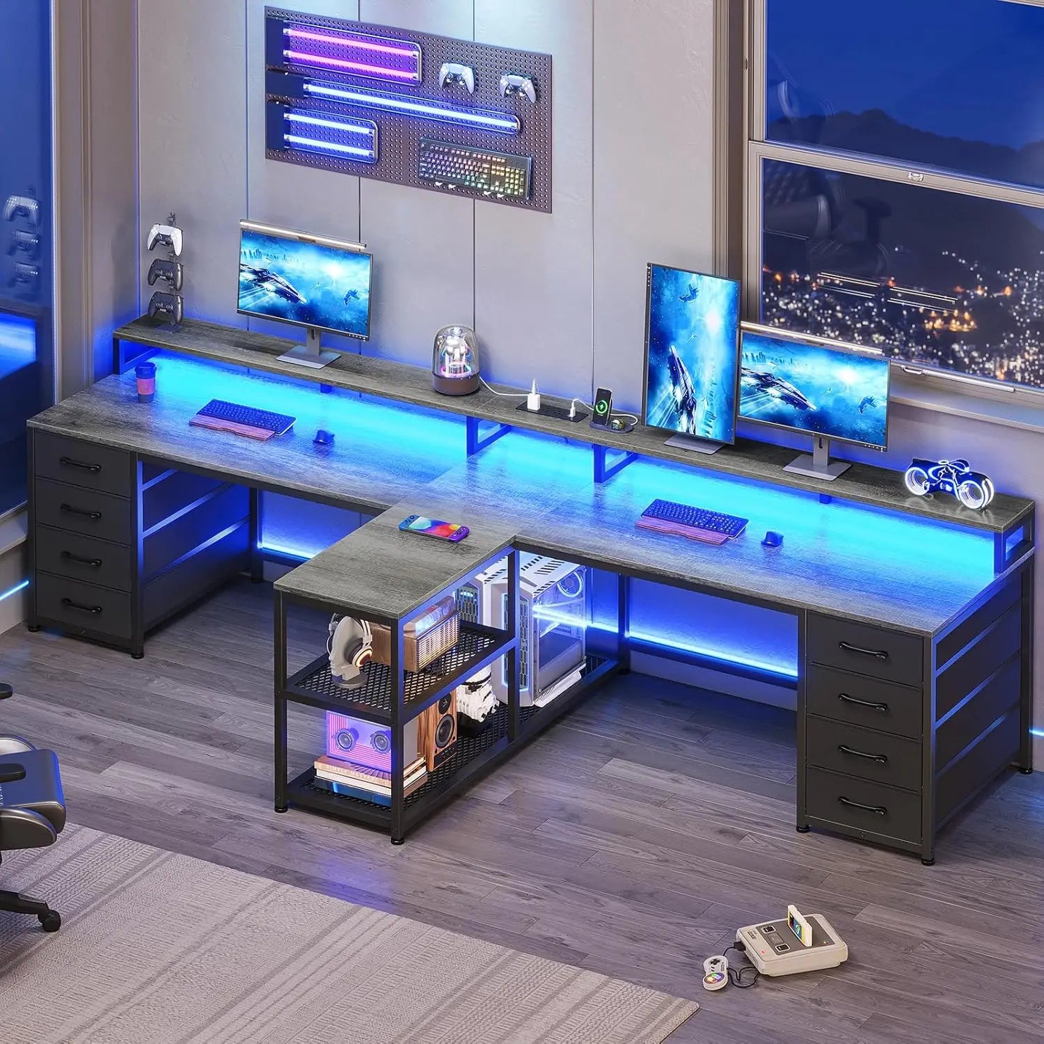 94.5’’ 2 Person Gaming Desk Long Office Computer Desk with 8 Drawers & LED Lights Two Person Desk with Storage Power St
