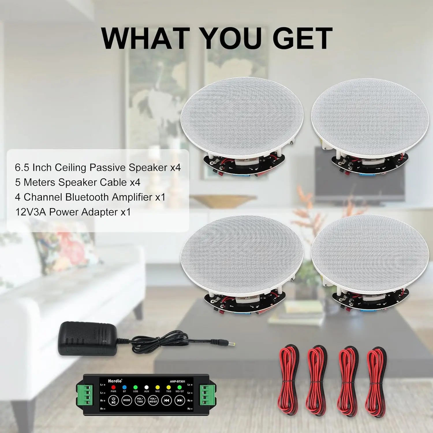 Herdio 4PCS 6.5’’ 600 Watts Bluetooth Ceiling Speakers Wired Home Recessed Speaker System Perfect For Indoor Kitchen