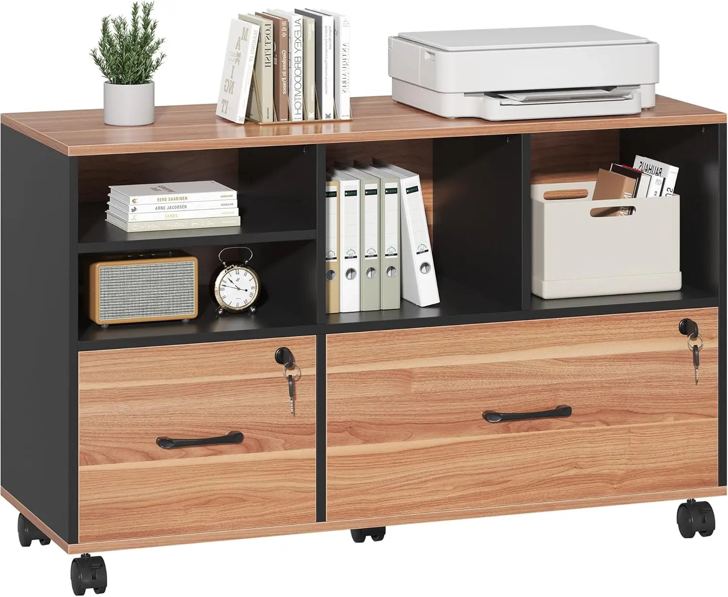 Wood Lateral File Cabinet with Lock,Lockable Rolling Filing Cabinet with Adjustable Storage Shelves,Printer Stand