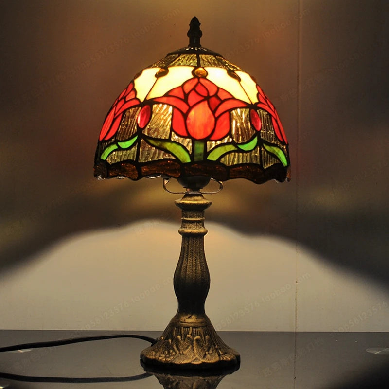 20CM American Tulip Table Lamp Tiffany Style Stained Glass Welding Art Gift Living Room Feeding Night Light Rustic E27