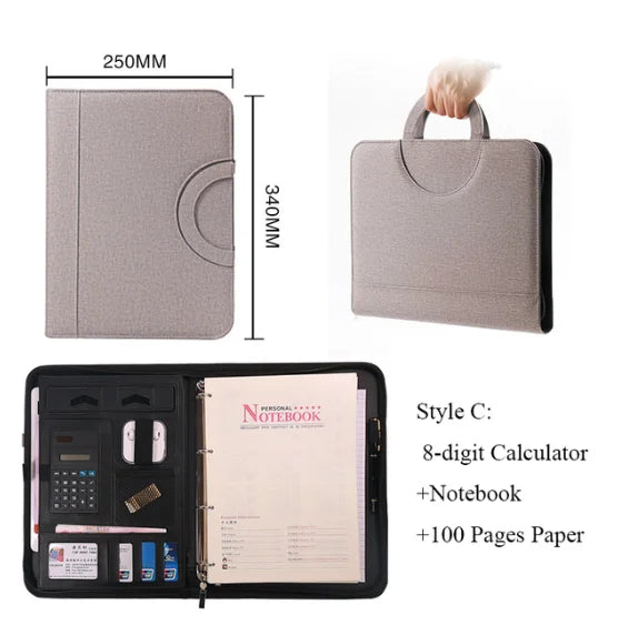 A4 Portable File Folder with Calculator Binder Organizer Manager Office Document Pad Briefcase PU Leather Padfolio Bag