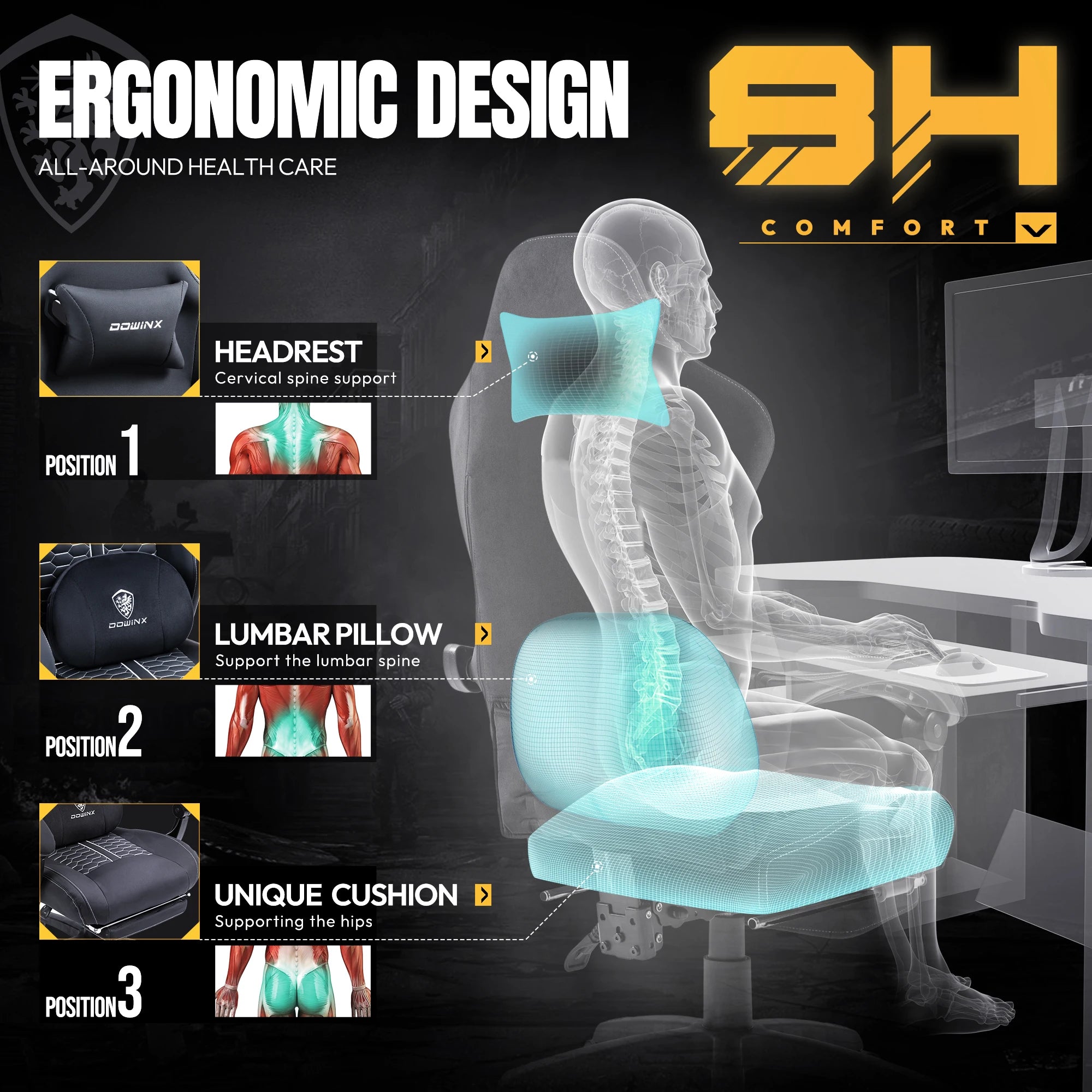 Dowinx Gaming Chair with Heated Massage Lumbar Support Ergonomic Gaming Computer Chair with Pocket Spring Cushion