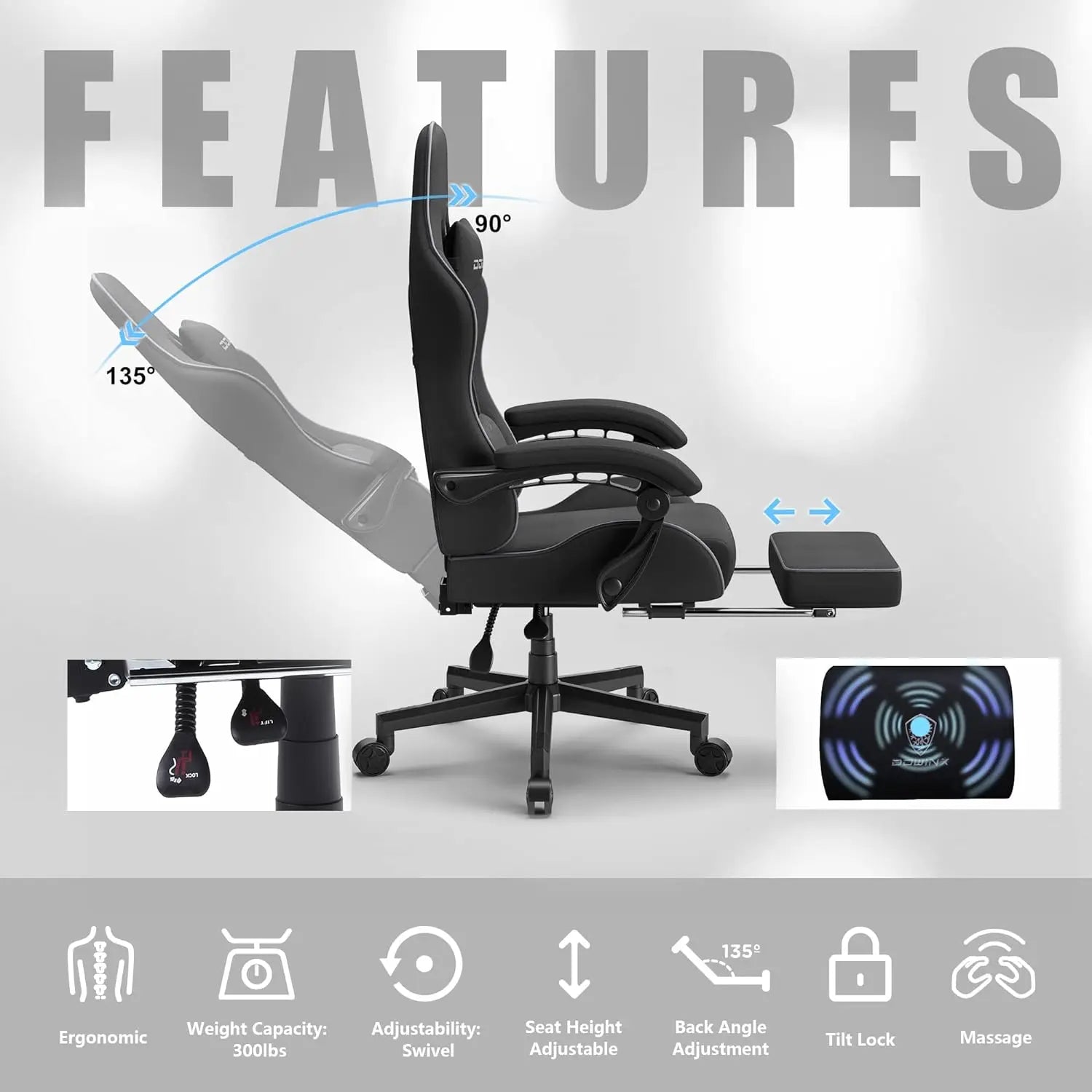 Dowinx Gaming Chair Fabric with Pocket Spring Cushion,Game Chair Cloth with Headrest Ergonomic Computer Chair