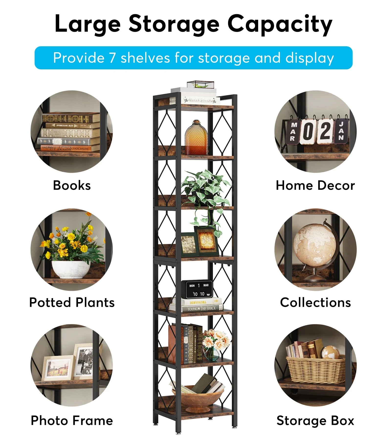 Tribesigns 78.7 Inch Extra Tall Narrow Bookshelf 7 Tier Skinny Bookcase for Small Spaces Freestanding Display Shelves