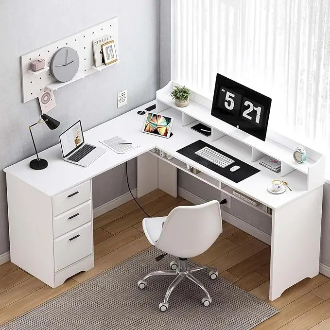 White L Shaped Desk with 3 Drawers 60 inch Corner Desk with Moveable Hutch and Power Outlet Large Home Office Corner