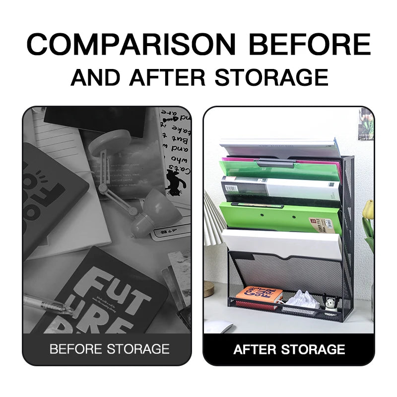 Mesh wall file storage rack 5-layer vertical mounting rack Magazine rack with bottom flat tray side closed black