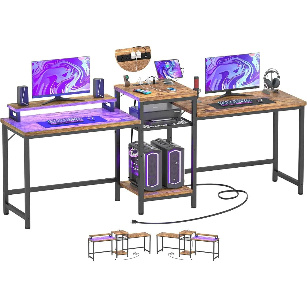 Double Computer Desk with LED Strip and Power Outlet 2 Person Desk with Monitor Stand and Storage Ergonomic Computer