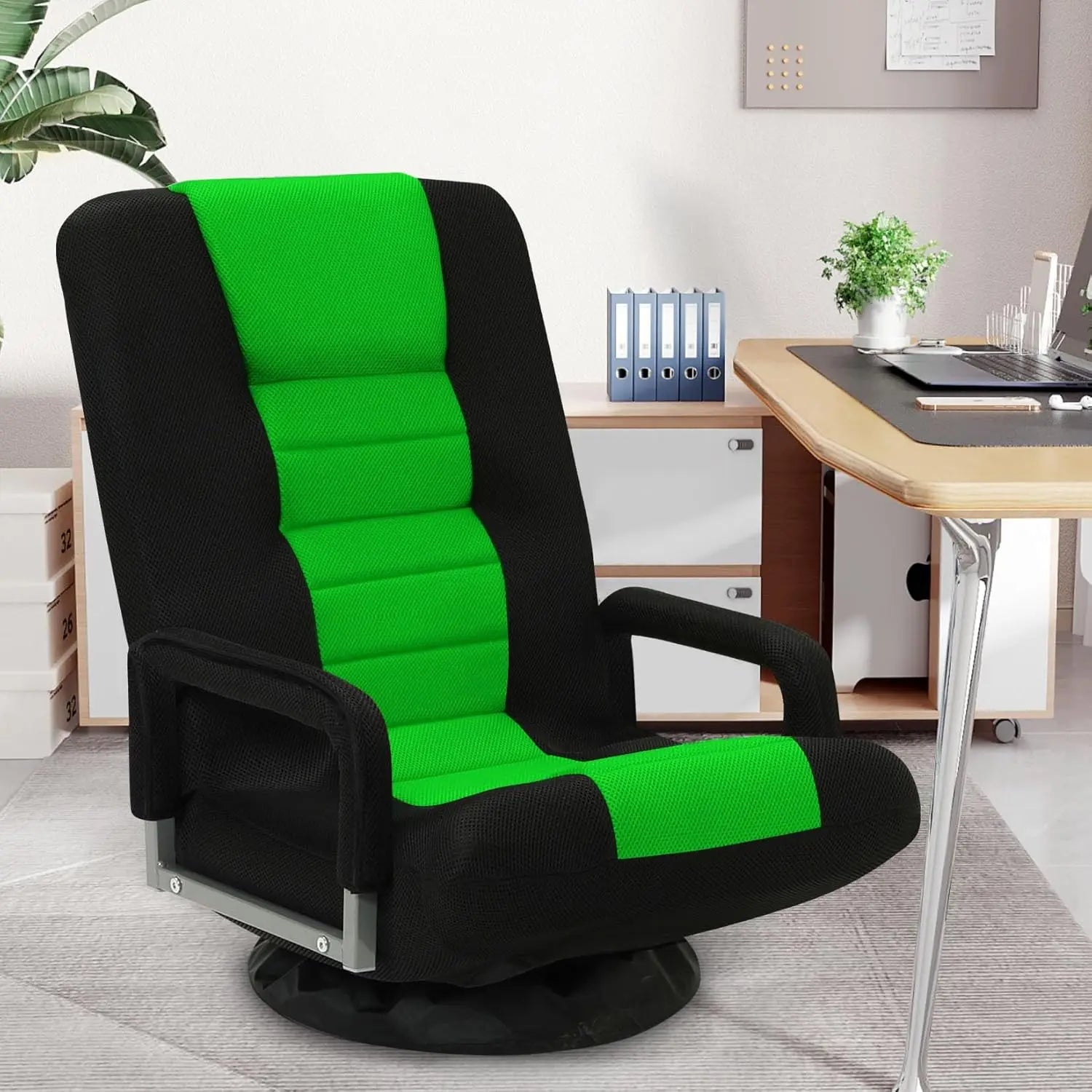 Swivel Floor Gaming Chair w/Armrests,Folding Video Reclining Sofa w/6 Adjustable Position Padded Backrest & Cushion