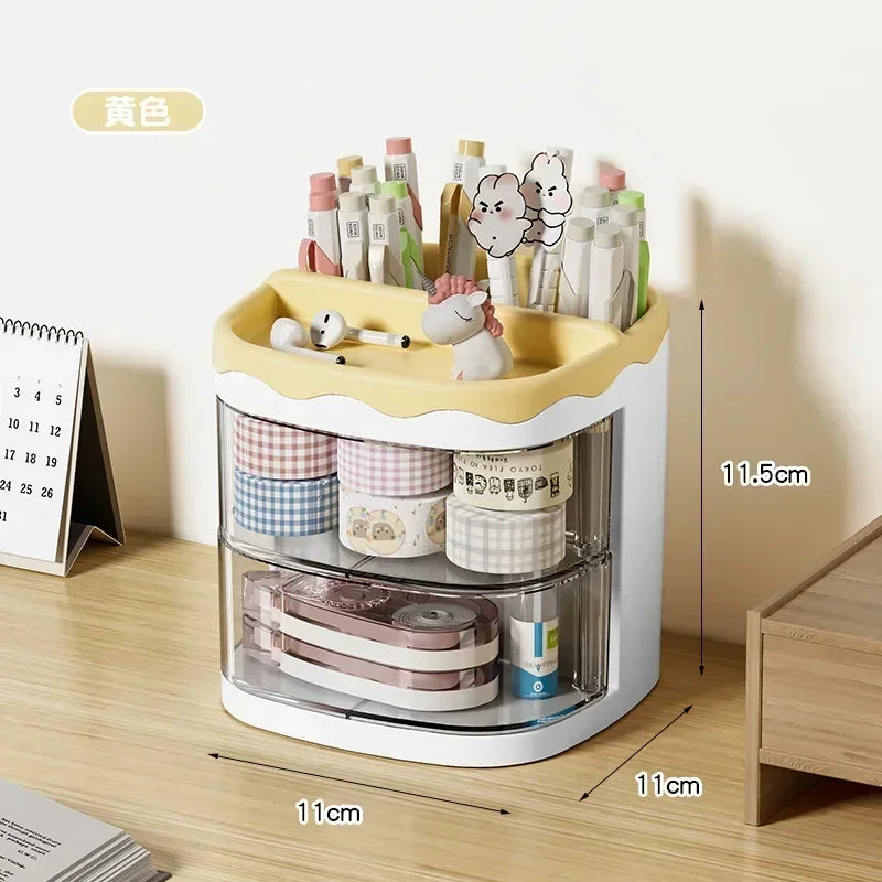 Practical Multi-Functional Desk Organizer Pen Holder Double Layers Rotating Pencils Storage Rack Student Cosmetics