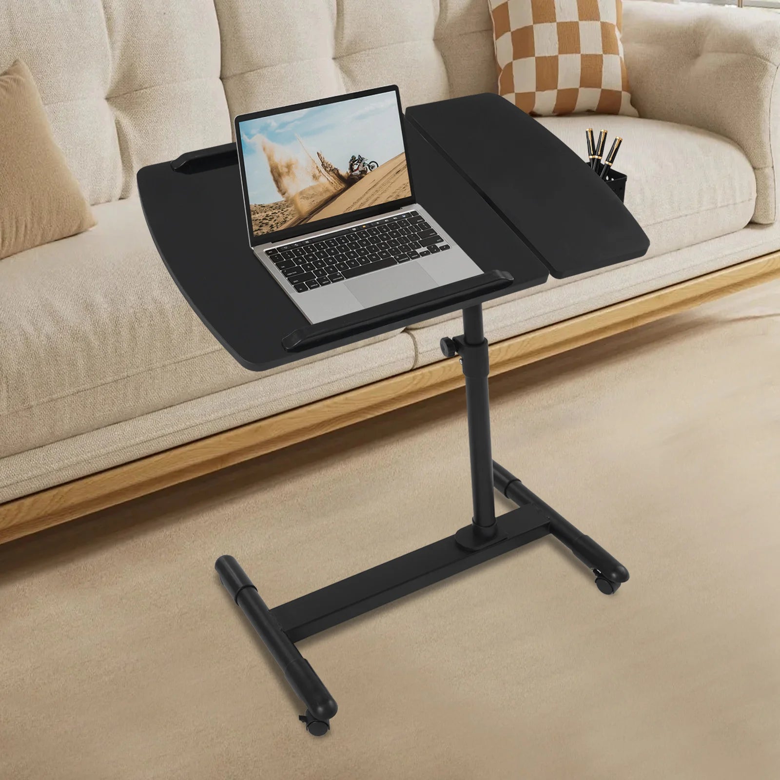 MDF Overbed Table,White/Black Rectangular Height Adjustable Over Bed Bedside Desk Floorstanding 68*40cm for Placing