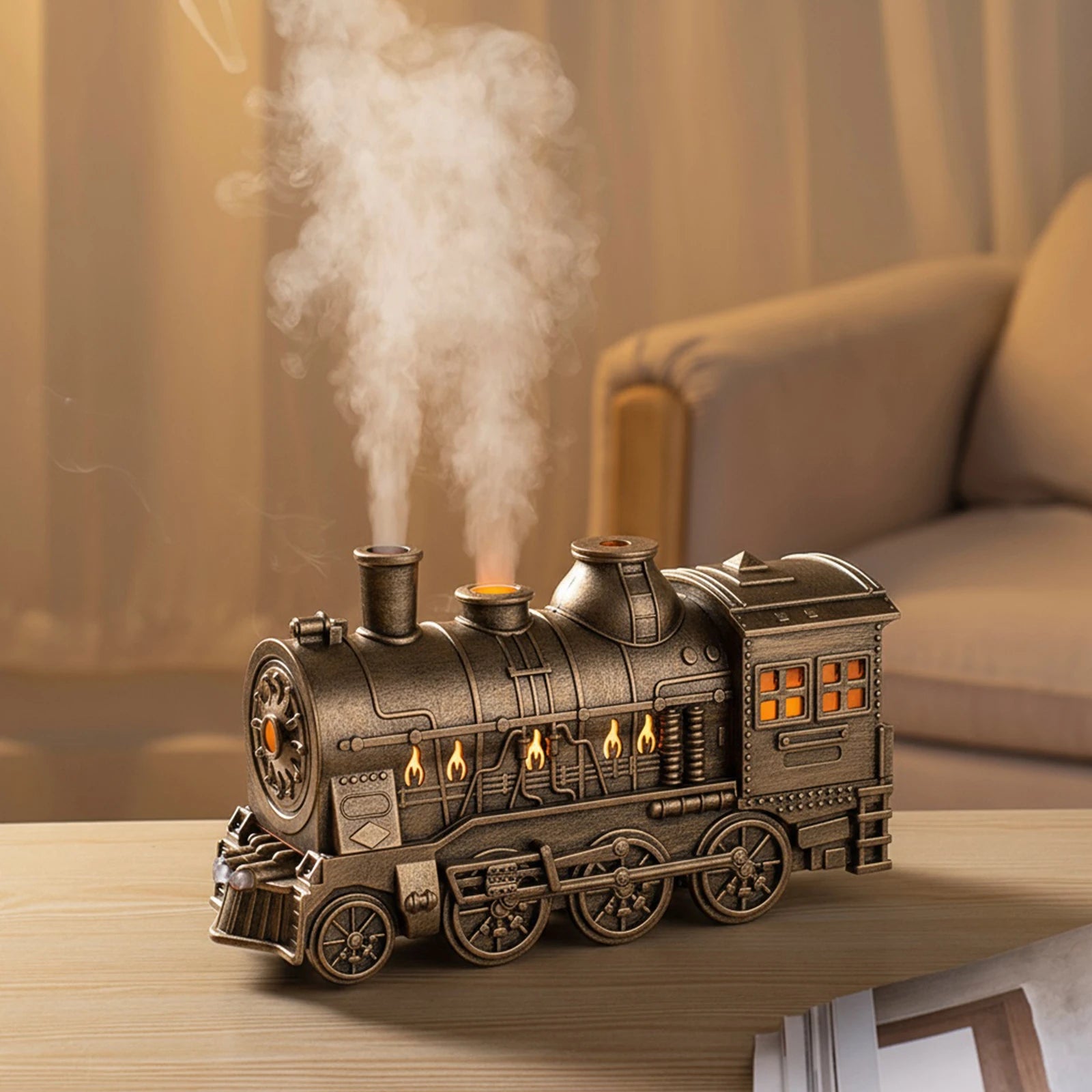 300ML Vintage Steam Train Air Diffuser Humidifier with 2-Color LED Light/2 Mist Modes Aroma Diffuser for Office Bedroom