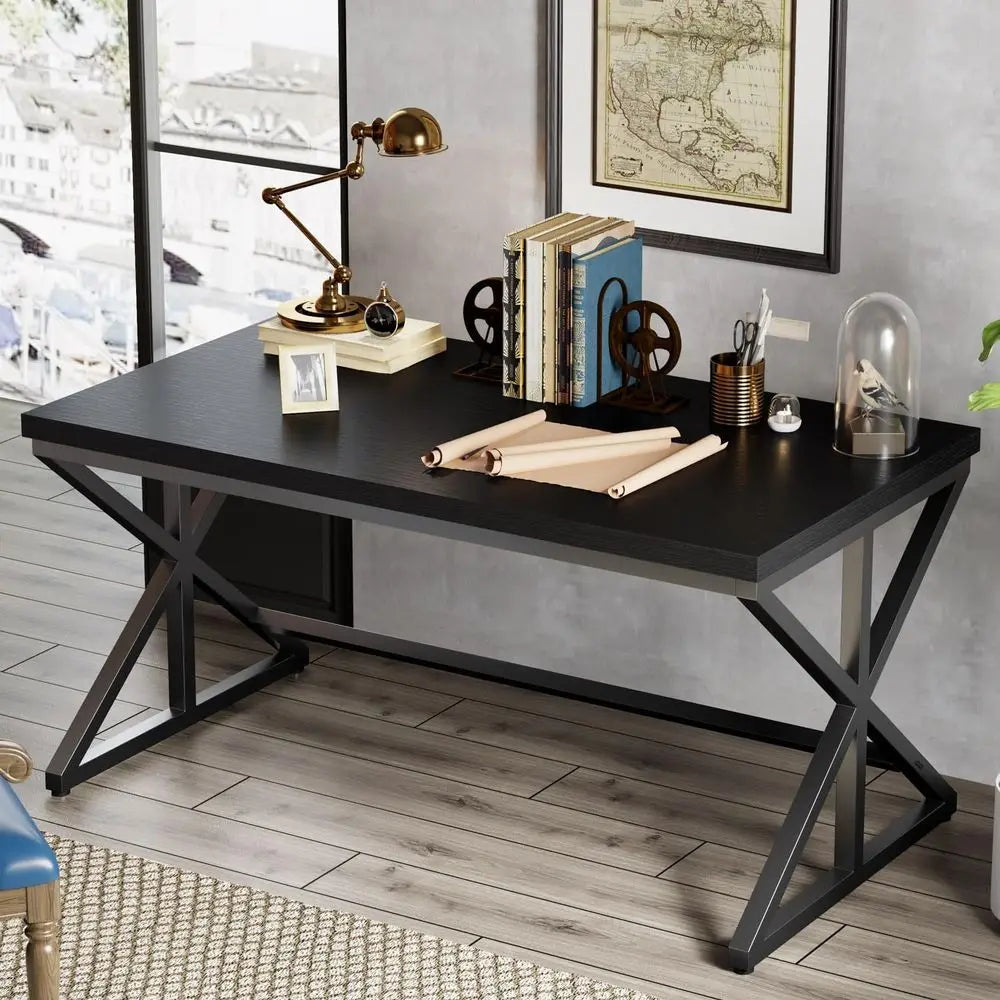 Contemporary Black Office Desk Spacious Writing and Study Desk Large Minimalist Wood and Metal Desk for Bedroom