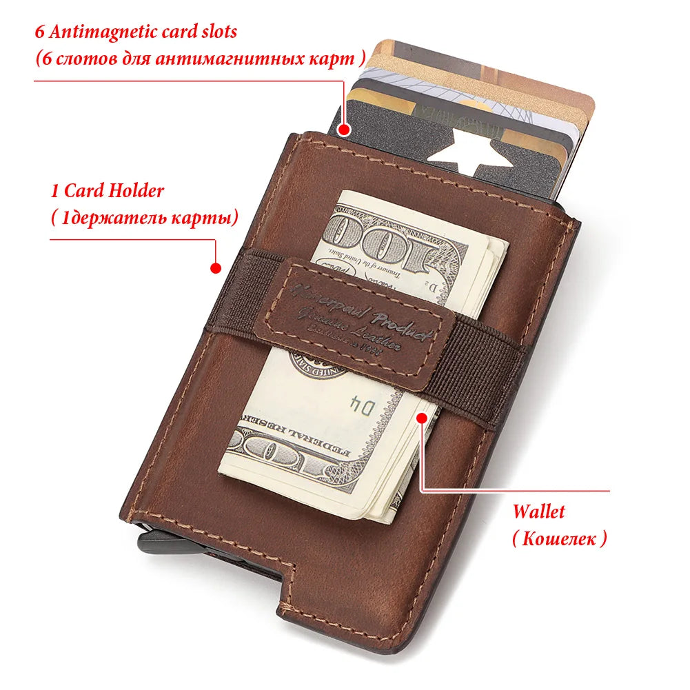 HUMERPAUL Slim Men’s Credit Card Holder Wallet Genuine Leather Pop Up Aluminum Card Box RFID Blocking Smart Walets