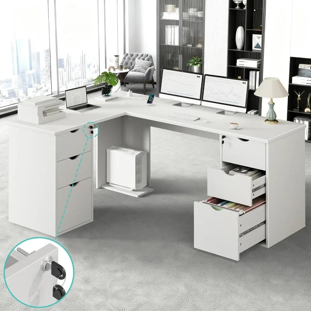 L Shaped Office Desk with Drawers - 66 Inch Modern Large Executive L-Shaped Computer Desk with File Cabinet & Power