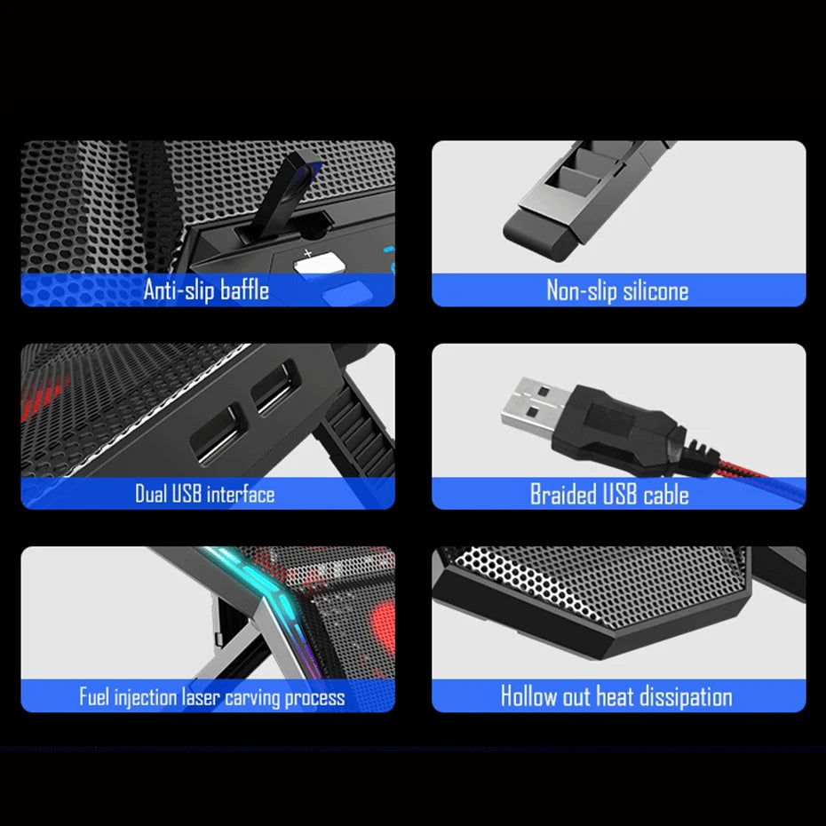 Zezzio ZLP-B6 Gaming RGB Laptop Cooler 2 USB Ports 6 Fan Gaming Led Light Notebook Cooler For 12-17Inch Laptop Cooling