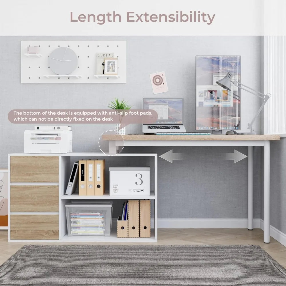 Home Office Computer Desk Corner Desk with 3 Drawers and 2 Shelves 53-inch L-Shaped Study Desk with Storage