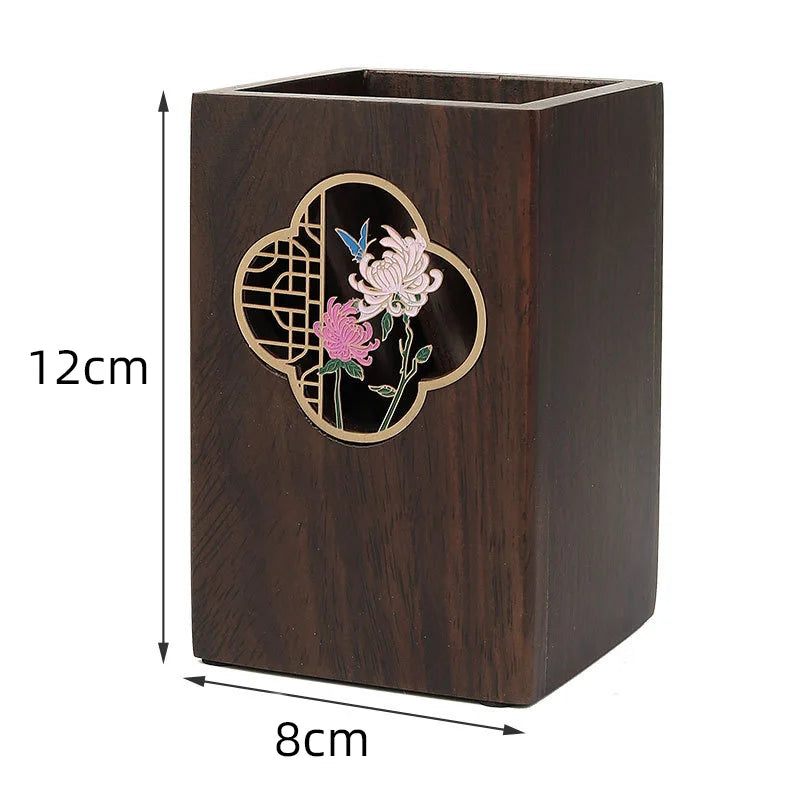1pcs Multifunctional Ebony Wood Pen Holder Chinese Style Engraved Desktop Organizer Retro Wooden Desk Decor Business