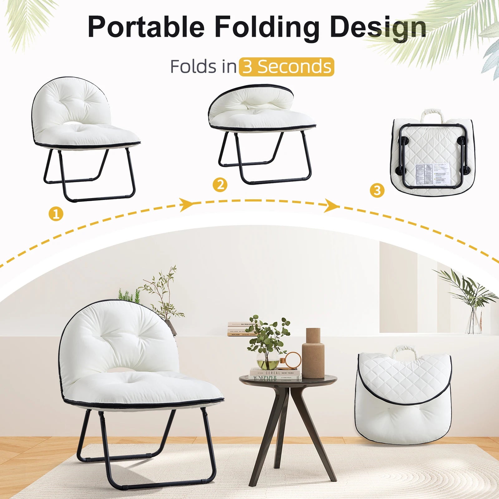 EBELLO Portable Portable Folding Chair with Upholstered Living Room Portable Lounge Chair - Rice White / United States