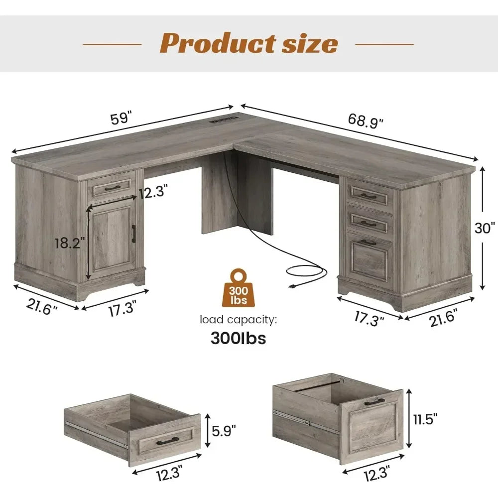 69’’ L Shaped Desk with Drawers and Storage Farmhouse Computer Desk with File Drawers and Power Outlet