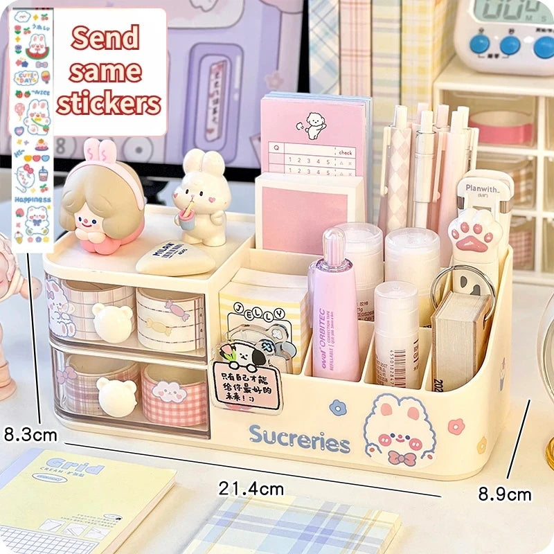 2024 New Desktop Storage Box Organizer Cute Bear Handle Drawer Type Desk Organizer Multi-grid Pen Holder with Kawaii