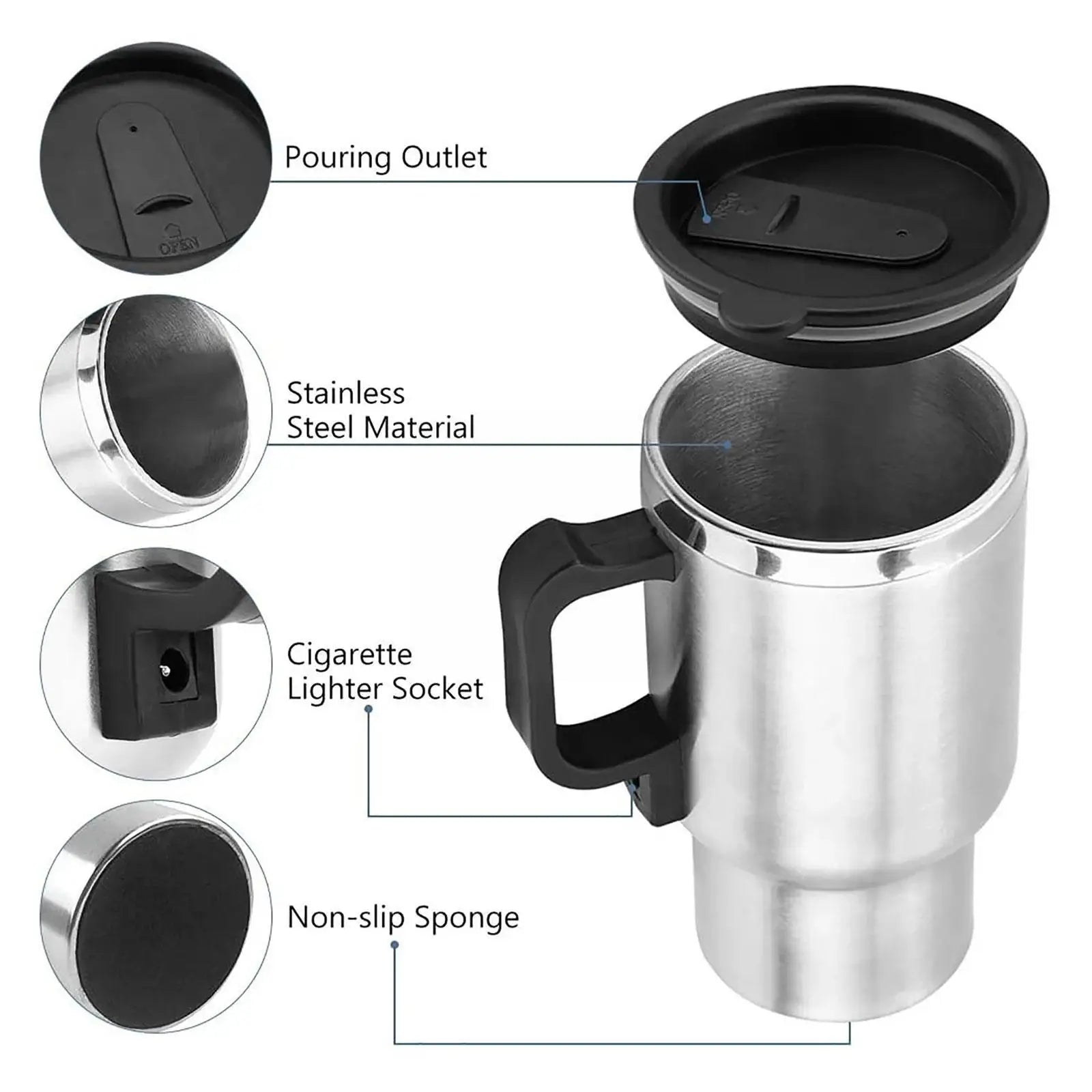 12V USB Car Electric kettle Stainless Steel Inner Tank Electric Heating Car Car Cup Cup Hot 450ml Heating Thermos Water