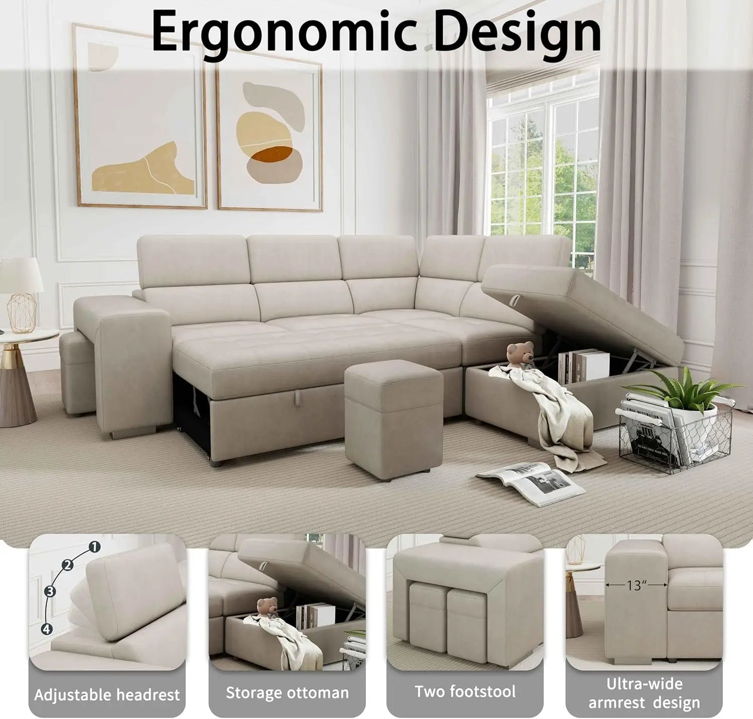 104’’ Microfiber L Shaped Sectional Sleeper Sofa Couch with Pull Out Bed and Storage Ottoman Convertible Couches