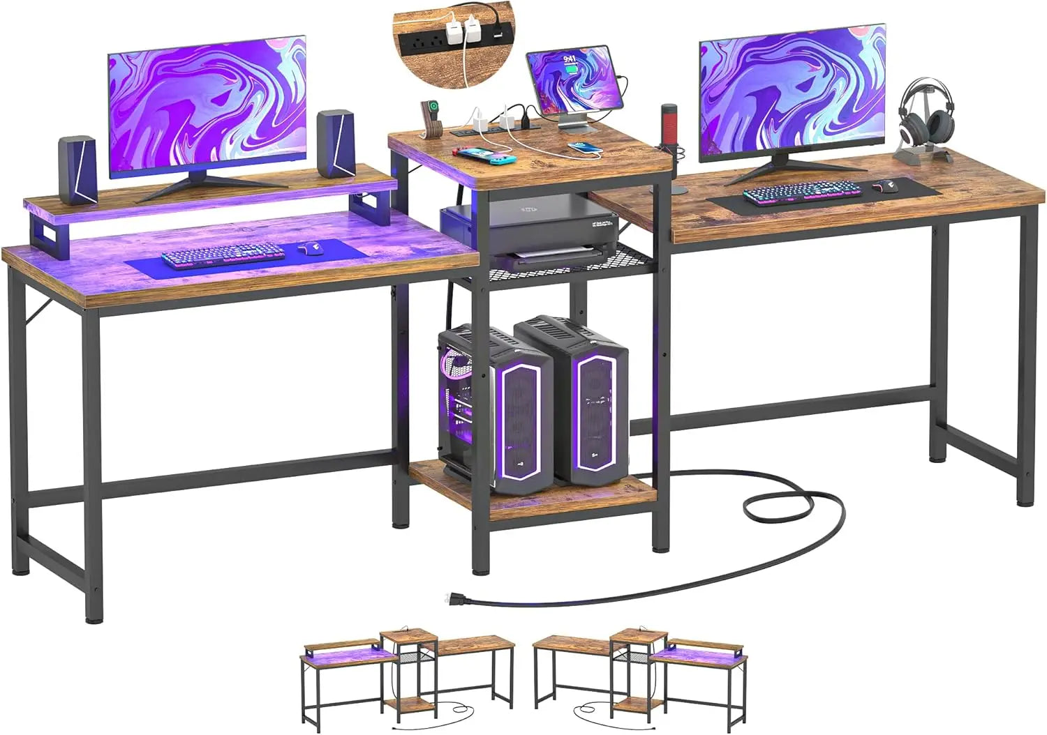 Double Computer Desk with LED Strip and Power Outlet 2 Person Desk with Monitor Stand and Storage Ergonomic Computer