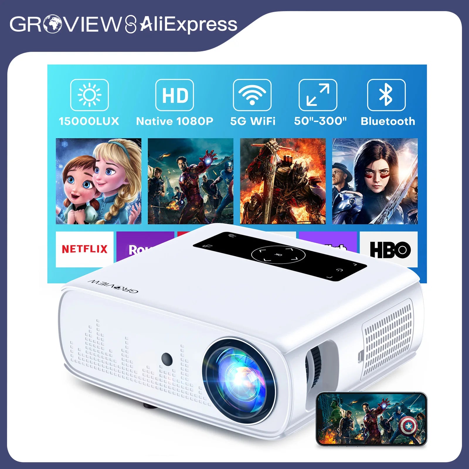 GROVIEW 1080P Projector 15000 Lux 490 ANSI WiFi/Bluetooth 300’’ Screen 4K Support Zoom 5G Sync HDMI/USB/AV/Smartphone
