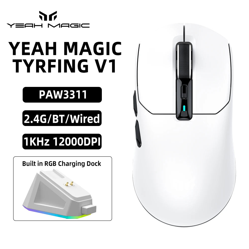 yeah magic V1 PAW3311 12000DPI 59g Wireless Gaming Mouse Right Handed Ergonomic Mouse with RGB Magnetic Screen Charging