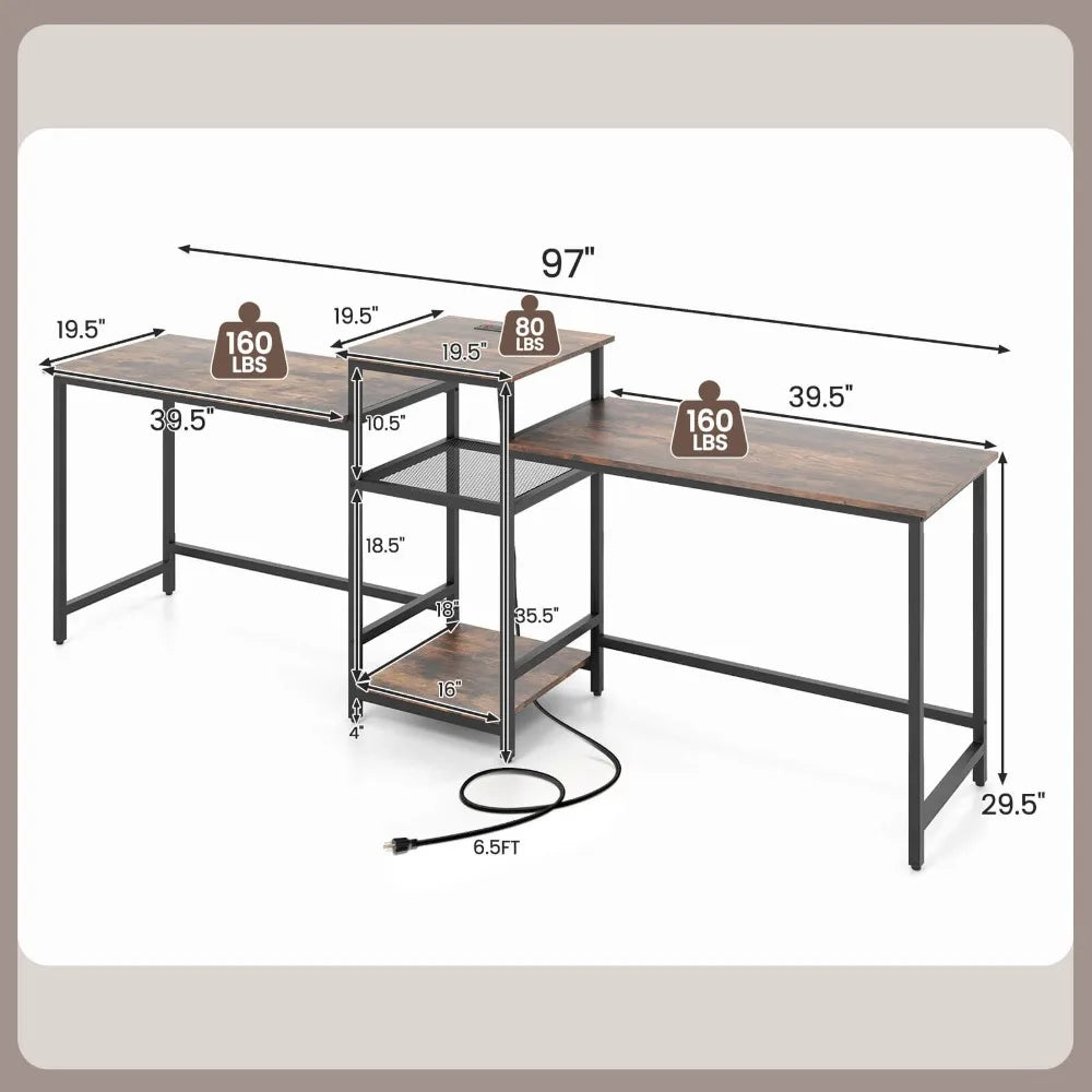 97 Inch Two Person Desk Double Computer Desk with Power Outlets Printer Stand - United States / Brown