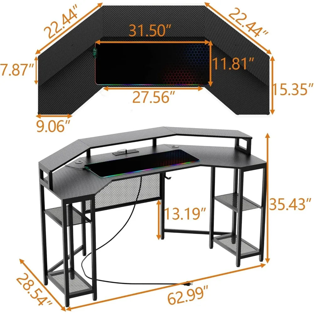 Computer Desk with Power Outlet & Led Light 63’’ Large Wing-Shaped Gaming Desk with Full Monitor Stand Wireless