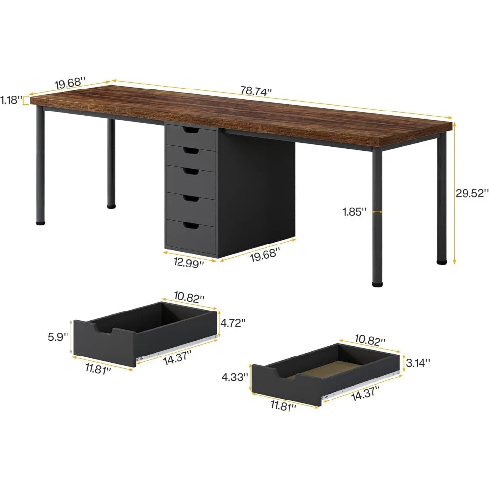 Two Person Computer Desk with 5 Drawers 78.7 Inches Extra Long Double Office Desk Modern Simple Double Computer Desk