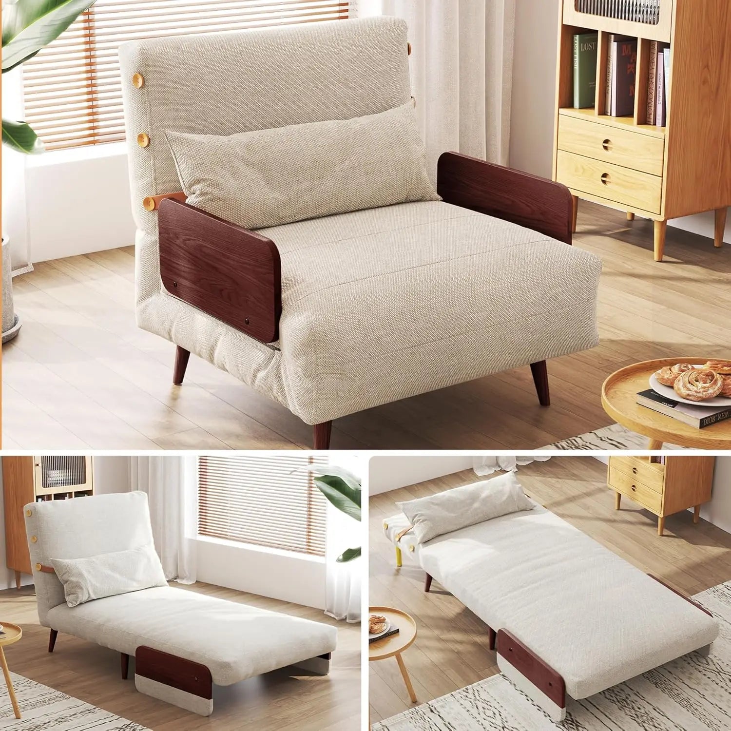 3-in-1 Convertible Chair Bed Sleeper for Adults Linen Convertable Sleeper Chair with Wooden Arms & Pillows Foldable