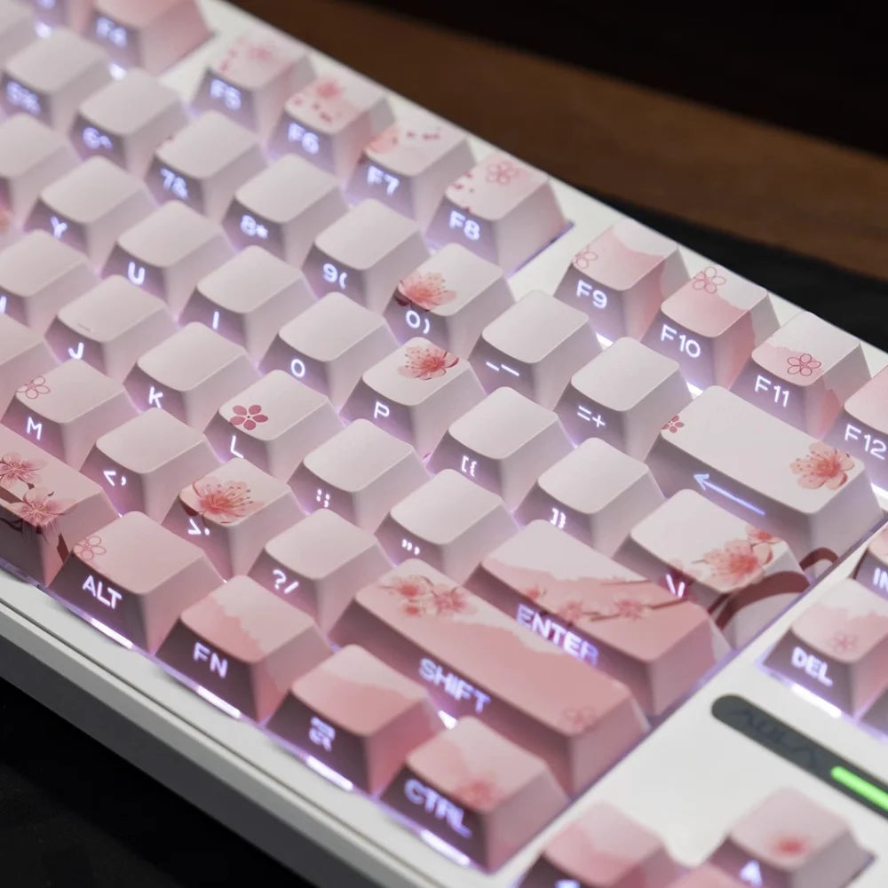 pink-cherry-blossom-keycap-with-side-engraved-translucent-pbt-127-keys-compatible-with-mx-mechanical-keyboard-61-75-86-104-108