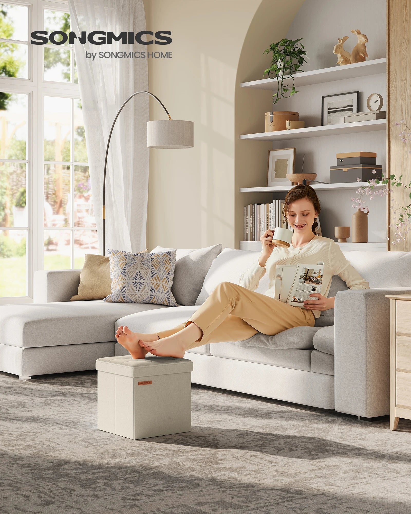 SONGMICS Storage Ottoman Foldable Small Ottoman Foot Rest 11.8 Inches Foot Stool Cube Ottoman with Storage Load up