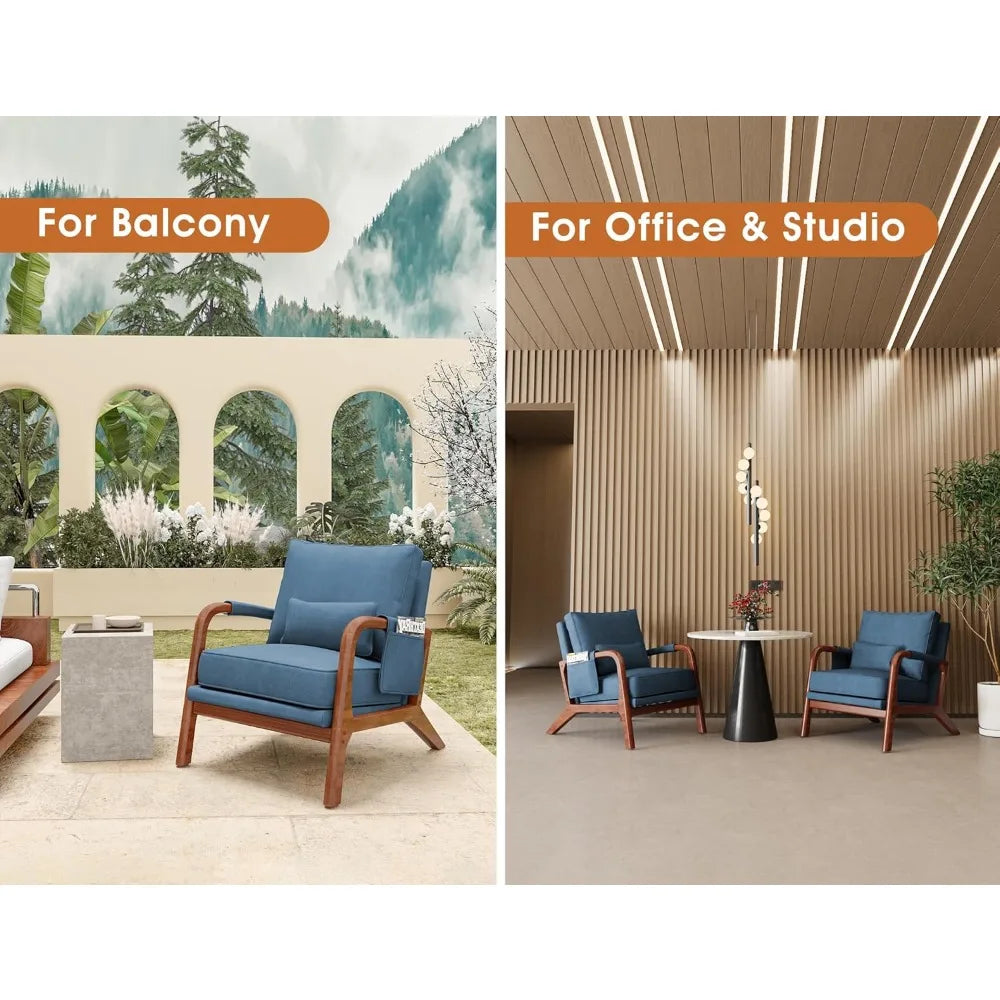 Mid Century Modern Accent Chair with Pillow & Pocket Upholstered Armchair with Solid Wood Frame & Soft Cushion