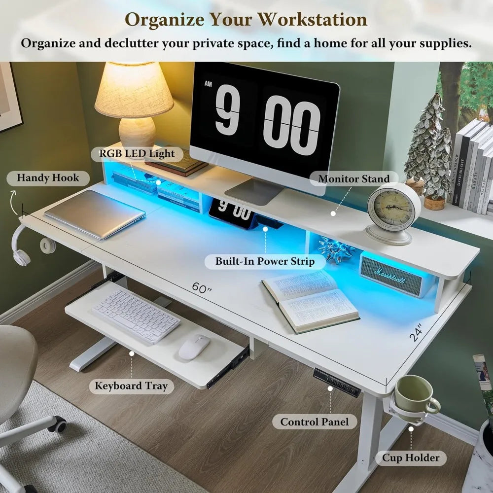 60inch gaming desk electric standing desk with height adjustable power outlets led lights keyboard tray and monitor
