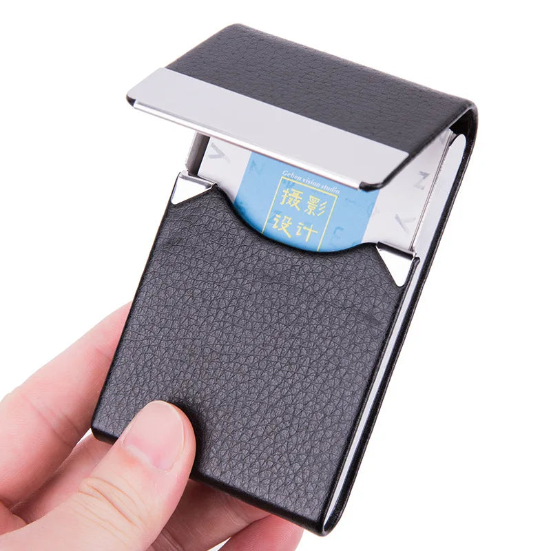 1 PC Business Card Holder Case Man Slim PU Leather Metal Pocket Card Holder with Magnetic Shut Black Name Card Holder
