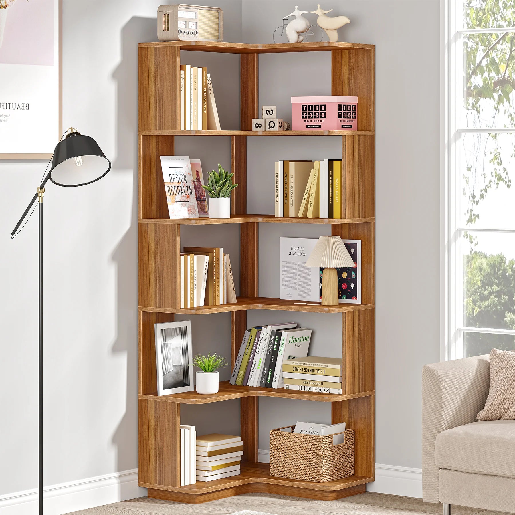 Tribesigns 6 Tier Corner Bookshelf 64.96 Inch Tall Industrial Corner Bookcase with Anti-Drop Panel,Wood Grain Corner