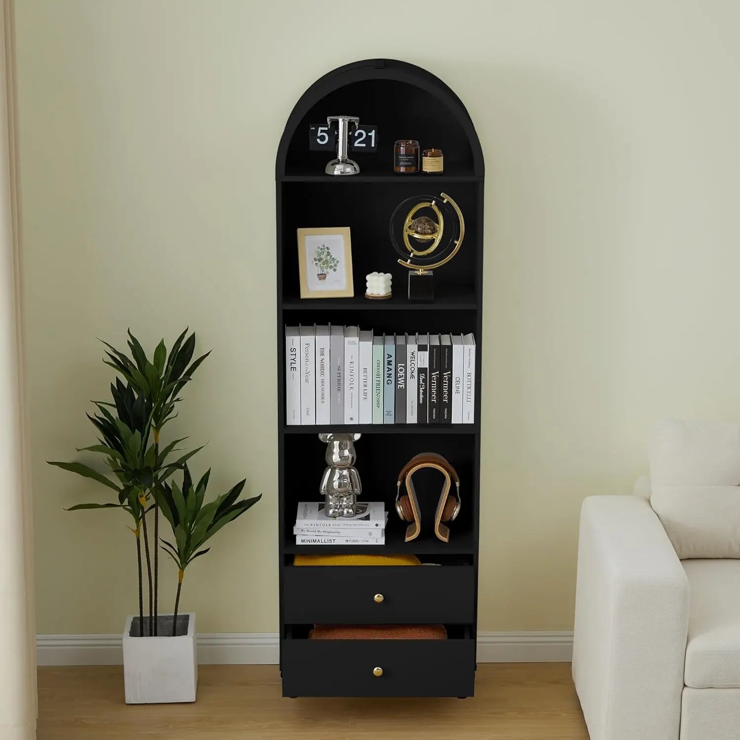 75.59’’ Tall Bookcase 4 Tier Arched Bookshelf with 2 Drawers Modern Book Display Storage Cabinet for Living Room Bedroom