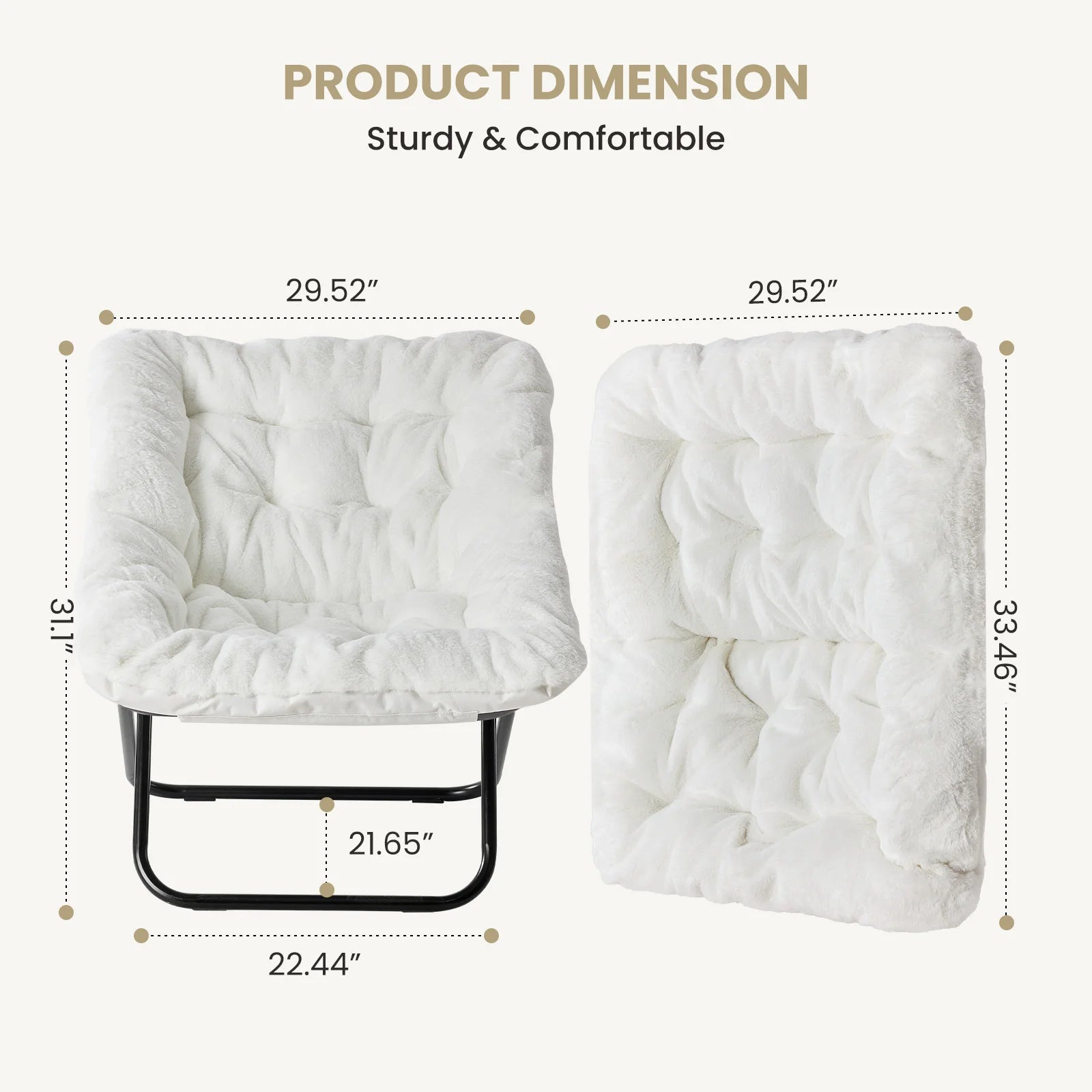 JHK 28IN Cozy Saucer Chairs Soft Faux Fur Large Size Folding Lounge Living Room Padded Seat Metal Frame Reading Chair