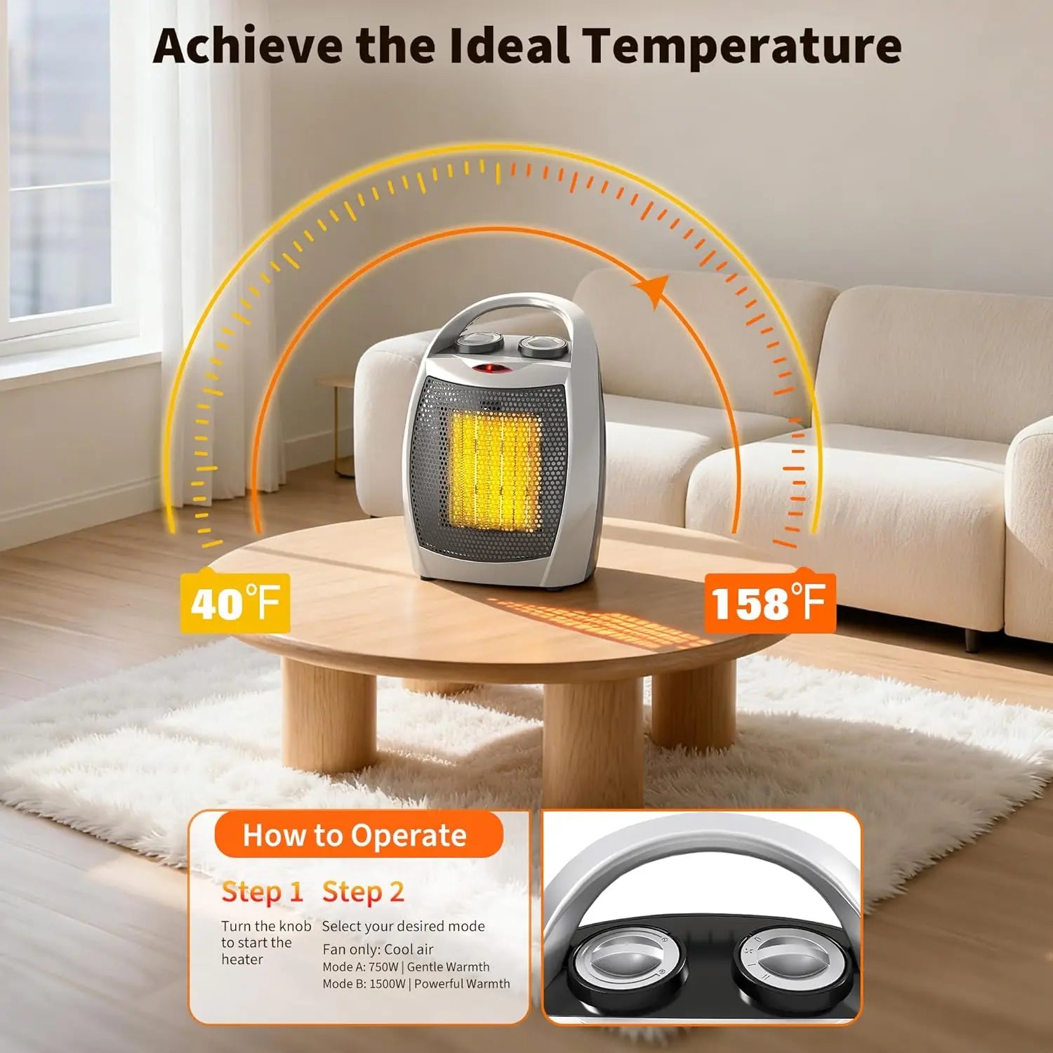 Portable Electric Space Heater for Office/Home - 1500W/750W Thermostat Heater & Fan Safe Quiet 45dB Max Tip-Over