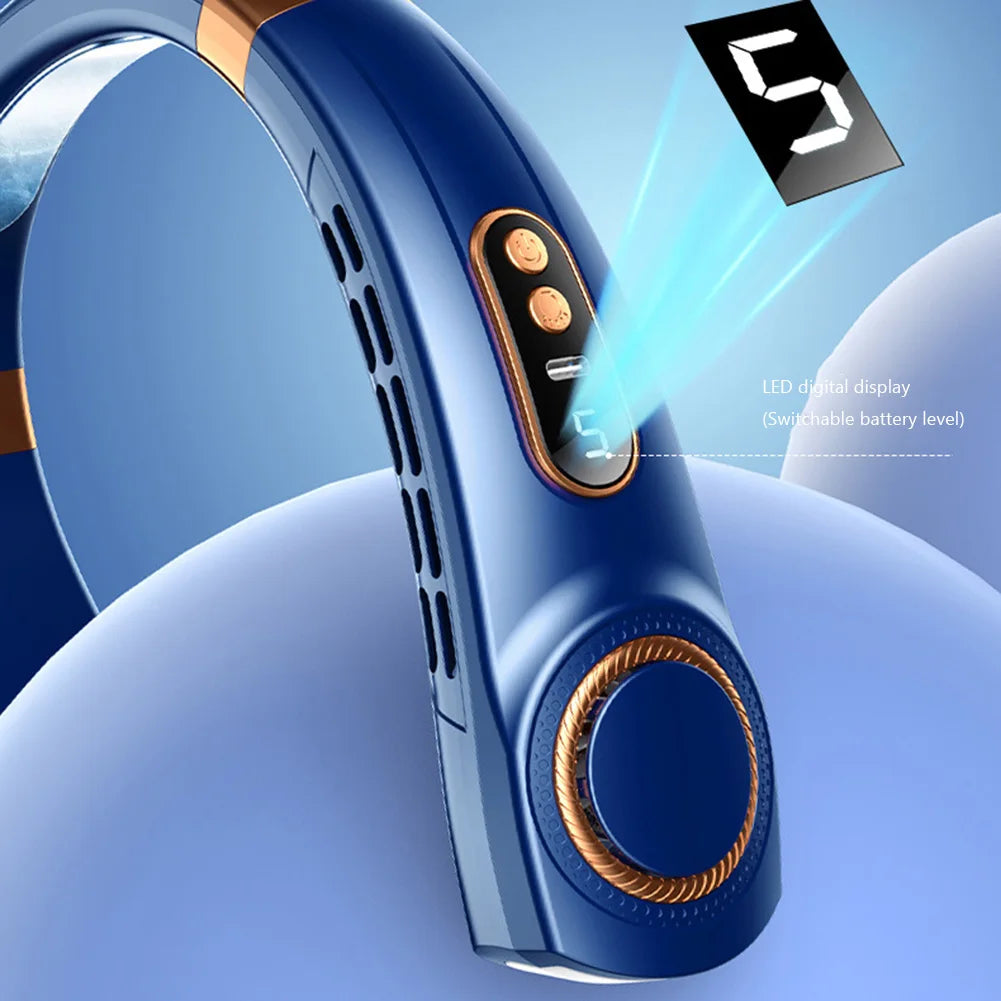 Mute USB Personal Fan LED Digital Display 5 Speeds Rechargeable Bladeless Portable Neck Fan for Home School Office